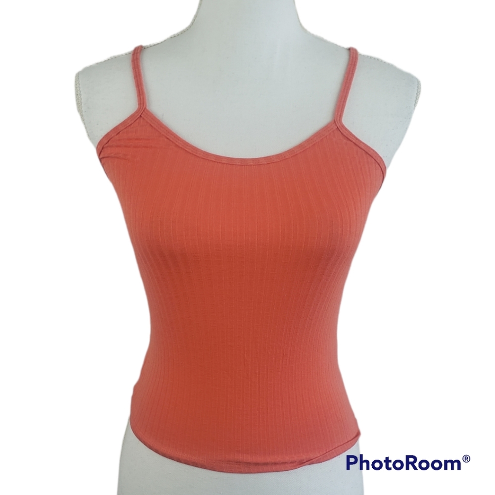 Timing Juniors Ribbed Crop Tank Top Orange Spaghetti Strap Stretch S